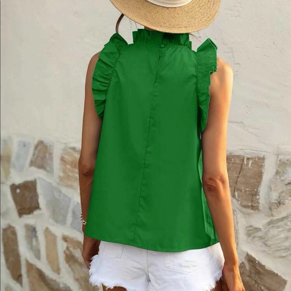 Classic Ruffle Cap Sleeve Mock Neck Top Blouse Work Office Boho Green - Picture 3 of 6